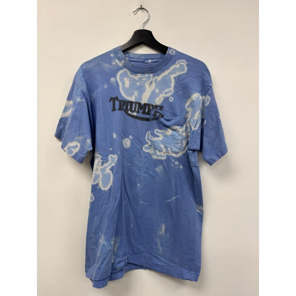 Vintage Triumph‎ Shirt Medium Blue Bleach Tie Dye Pocket Graphic Motorcycle Tee
